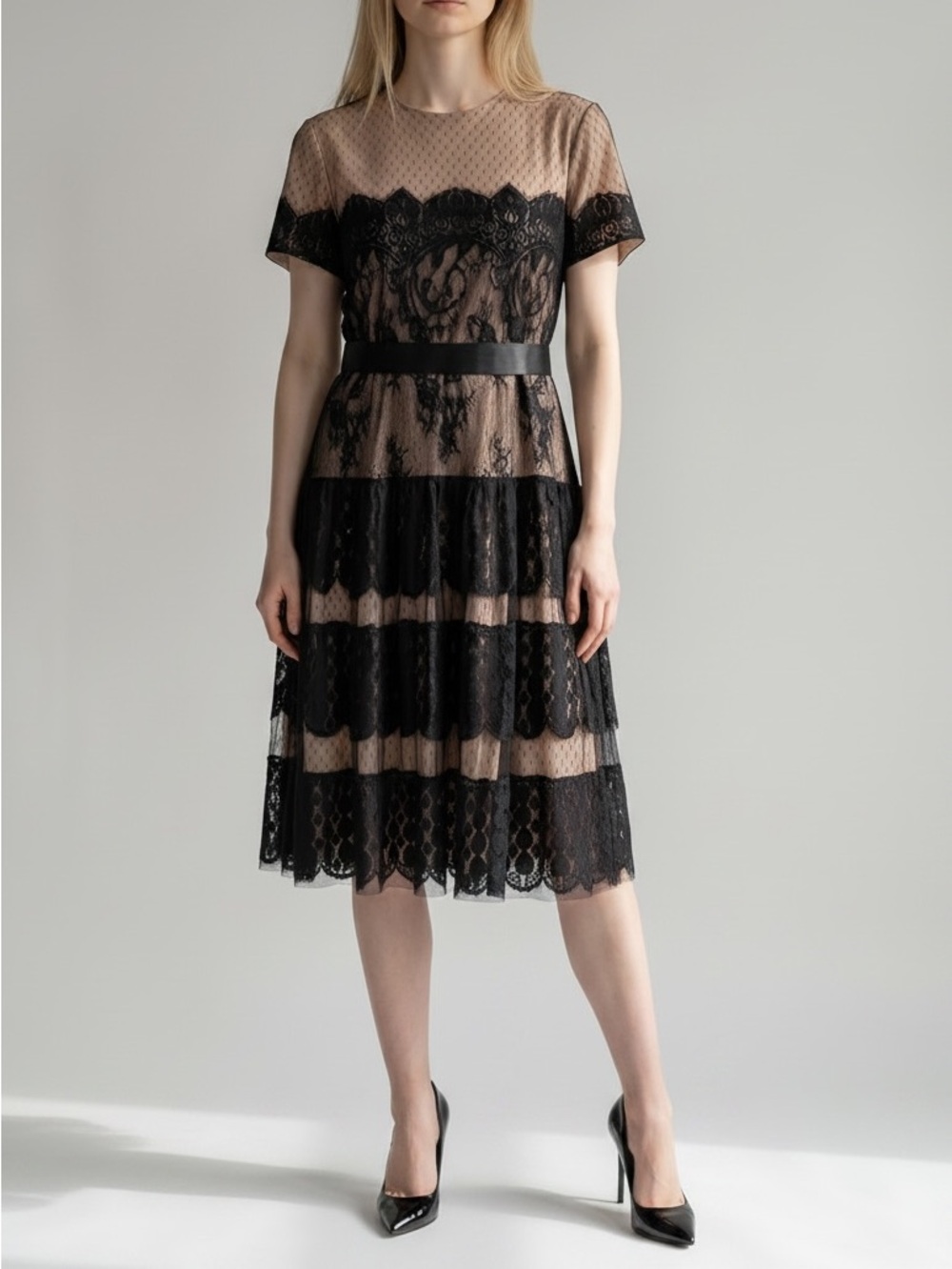 Miri 16 Black Lace Fit & Flare Midi Dress Sheer Illusion Cocktail